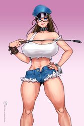 1girls bbc-chan big_breasts breasts cleavage daisy_dukes female female_only large_breasts looking_at_viewer manor_stories solo sylvia_(manor_stories) white_background