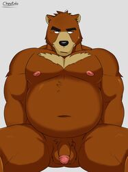 2019 anthro balls belly black_nose brown_fur cheotdo flaccid fur hi_res humanoid_penis juuichi_mikazuki male male_only mammal moobs morenatsu navel nipples overweight overweight_male penis sitting ursid