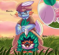 1boy 1girls alternate_color amphibian animate_inanimate anthro anthrofied anus ass avian beak blue_skin blush bodily_fluids bottomless clothed clothing cloudscape cum cum_in_pussy cum_inside decidueye detailed_background english_text female fizzlepaw genital_fluids glasses grass grass_field hat interspecies living_plushie male mudkip nintendo open_mouth original_character outdoors penis plushie pokémon_(species) pokemon pokemon_(species) pokemon_gsc pokemon_sm pussy sex_toy shirt sky straight tail tail_grab text thick_thighs tongue tongue_out vaginal_penetration video_games wide_hips