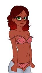 1girls alya_cesaire artist_request beauty_mark bra breasts brown_hair cleavage dark-skinned_female dark_skin female female_only glasses green_eyes human human_only miraculous_ladybug mole panties pants_down pantsu polka_dot polka_dot_panties solo solo_female underwear undressing