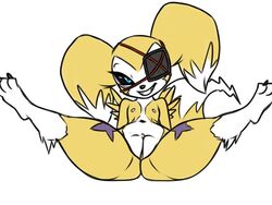 4:3 digimon digimon_(species) eye_patch eyewear fan_character female furball hybrid impmon impmon_x looking_at_viewer nipples presenting presenting_pussy pussy renamon renimpmon renimpmon_x shortstack sitting smile solo spread_legs spreading