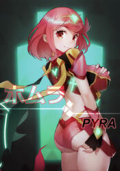 1girls armor ass ass_grab bangs breast_grab breasts commentary_request female fingerless_gloves gem gloves glowing grabbing hair_ornament headpiece highres ili jewelry large_breasts looking_at_viewer looking_back nintendo pose pyra red_eyes red_hair red_shorts short_hair short_shorts shorts smile solo swept_bangs tiara xenoblade_(series) xenoblade_chronicles_2