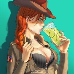 1girls ash_(rainbow_six) black_bra breasts cleavage clothed female female_only freckles green_eyes korezky rainbow_six rainbow_six_siege red_hair sweat tagme tom_clancy