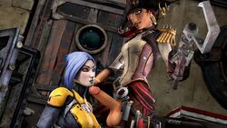 1futa 1girls 3d balls big_penis blue_eyes blue_hair blue_lipstick bob_cut borderlands borderlands_2 captain_scarlett dentol dickgirl erection eyeshadow female futa_on_female futanari imminent_oral intersex maya_(borderlands) medium_hair oral pale-skinned_female penis petite silver_eyes skinny source_filmmaker tattoo testicles