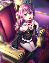 1girls armpits bare_shoulders black_dress black_legwear blood blood_splatter collar detached_sleeves eyebrows_visible_through_hair fangs hair_ornament kneehighs krul_tepes licking_finger long_hair looking_at_viewer owari_no_seraph pink_hair pointy_ears red_eyes short_dress sitting slit_pupils small_breasts solo_female throne tongue_out twintails vampire very_long_hair