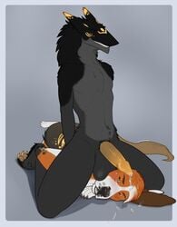 2019 anthro balls bodily_fluids canid canine cum domination duo erection fur genital_fluids hi_res homogenousrule lying male mammal nude orgasm penis pinned sergal wrestling yaoi