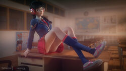 1girls 3d academy_d.va alternate_costume areolae asian autodesk_maya black_hair blizzard_entertainment braid braided_hair braided_twintails breasts brown_eyes brown_hair checkered_skirt classroom cute d.va eyelashes eyeliner facial_mark facial_markings female female_only fringe glasses inviting_to_sex kneehighs light_skin long_hair looking_at_viewer naughty_face nipples on_table overwatch presenting_pussy pussy school_uniform schoolgirl shoes skinny slim sneakers solo stockings teenager vgerotica video_games