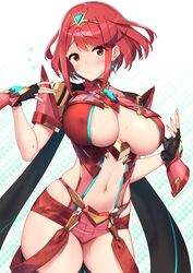 1girls absurdres armor baffu bangs blush breasts closed_mouth commentary covered_nipples earrings eyebrows_visible_through_hair female fingerless_gloves fingernails gloves gradient gradient_background hands_up highres jewelry large_breasts looking_at_viewer navel nintendo pyra red_eyes red_hair red_shorts revealing_clothes shiny shiny_hair shiny_skin short_hair short_sleeves shorts shoulder_armor simple_background solo stomach sweat sweatdrop thighhighs thighs tiara xenoblade_(series) xenoblade_chronicles_2