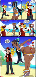 ! 1girls 2boys ? anal_beads anal_insertion anus armpits arms_behind_head arms_up ass back backpack bag beach belly bent_over black_border black_eyes black_hair blue_hair blush breasts cleavage clitoris clothed clouds dark-skinned_female dark_skin day earrings english_text eyeshadow feet female fingerless_gloves furry gloves grin hat holding homer_simpson hud human long_hair looking_back makeup male midriff motion_lines navel nessa_(pokemon) nintendo open_toe_shoes original_character outdoors pants pikachu pokémon_(species) poke_ball poke_ball_insertion pokemon pokemon_rgby pokemon_ss pull_out pussy red_(pokemon) rodent sand sandals sex_toy shadman shadman_universe_homer shirt shoes short_hair shorts shorts_down sky smile speech_bubble teeth text the_simpsons thick_thighs toes url water watermark wide_hips