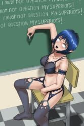 blue_hair blush elf eyes_rolling_back female female_only hypnochanger lingerie masturbation mind_control open_mouth pointy_ears rolling_eyes solo spiral_clicker writing_lines