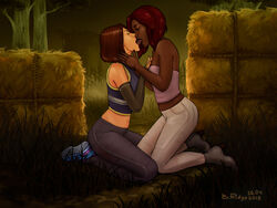 2girls b.ridge black_skin claudette_morel clothed dbd dead_by_daylight duo eyes_closed female female_only human human_only kissing kneeling meg_thomas multiple_girls na1t outdoors tongue tongue_kiss white_skin yuri