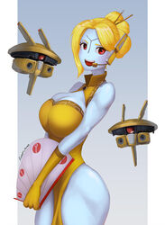 1girls alien alien_girl bare_shoulders big_breasts blonde breasts busty cleavage clothed clothes clothing dress eyelashes fan female female_only gloves hips huge_breasts humanoid kimmy large_breasts mynameisrobotjones no_nose original_character ponytail red_eyes smile solo solo_female tau thick thick_thighs thighs warhammer_(franchise) warhammer_40k wide_hips yellow_hair