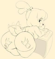 1girls 2019 ambiguous_gender animal_crossing ass ass_grab back_view big_ass big_breasts black_eyes blush breasts canine clothing female huge_ass huge_butt isabelle_(animal_crossing) large_ass looking_back monochrome nintendo purple_yoshi_draws shortstack thick_thighs wagging