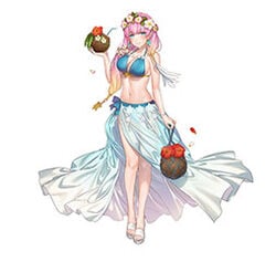 basket big_breasts bra breasts coconut female female_only fire_emblem fire_emblem_heroes flower gunnthra_(fire_emblem) gunnthra_(summer)_(fire_emblem) kippu lowres pink_hair pose sandals see-through skirt solo_female white_footwear