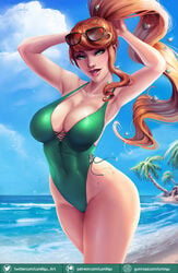 1girls abs alternate_breast_size armpits arms_up ass beach belly big_ass big_breasts blue_background breasts cleavage clothed clouds eye_contact eyelashes eyewear_on_head female female_only freckles green_border green_eyes hair_ornament half-closed_eyes hands_behind_head heart high_leg_swimsuit hourglass_figure human human_only large_breasts lipstick long_hair looking_at_viewer luminyu navel nintendo ocean one-piece_swimsuit orange_hair outdoors palm_tree patreon pinup pokemon pokemon_ss ponytail realistic sand sideboob sky smile solo sonia_(pokemon) sunglasses sunglasses_on_head swimsuit teeth text thick_thighs tree twitter_username url water watermark wide_hips