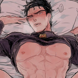 1boy bed blush chest diamond_is_unbreakable dilf exposed_nipples implied_sex jojo's_bizarre_adventure jotaro_kujo knd male male_nipples male_only muscular nipples pecs pov shirt_lift solo solo_male