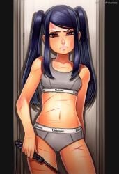 2025 ai_generated artist_name black_hair crazyfishbones female jill_stingray long_hair looking_at_viewer navel original solo twintails underwear weapon