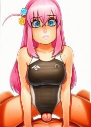 1boy 2025 ai_generated artist_name blue_eyes crazyfishbones female gotoh_hitori_(octopus) long_hair one-piece_swimsuit penis pink_hair straddling straight swimsuit