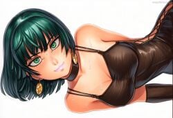 2025 ai_generated artist_name breasts cleavage crazyfishbones female fubuki_(one-punch_man) green_eyes green_hair large_breasts looking_at_viewer simple_background solo white_background