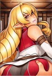 2025 ahoge ai_generated artist_name ass blonde_hair blush crazyfishbones elinalise_dragonroad female gloves long_hair open_mouth pointy_ears solo