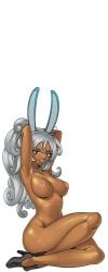animal_ears armpits arms_behind_head arms_up black_background breasts brown_eyes cg completely_nude curly_hair dark-skinned_female dark_nipples dark_skin female full_body grey_hair hentai_heroes high_heels inverted_nipples kinkoid large_breasts light_areolae long_hair looking_at_viewer nipples nude official_art parody rabbi_(hentai_heroes) rabbit_ears rabbit_girl shoes simple_background sitting smile solo tail thick_thighs thighs white_hair