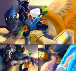 4_eyes 5_fingers absurd_res alsander anal anthro anus bed big_penis black_hair black_visor blonde_hair blue_anus blue_body blue_eyes blue_face blue_fur blue_penis corbin_(roscy) duo error_(protogen) feathered_wings feathers fingers fur furniture genitals green_ears hair hi_res living_tail lying machine male male/male mechanical_arm multi_eye nude_anthro nude_male on_back oral orange_body orange_face orange_feathers orange_fur orange_tongue orange_wings penis protogen rimming sex tail tail_head tan_body tan_feathers tan_wings tongue unusual_anatomy unusual_tail white_visor wings