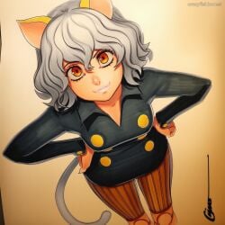 2025 ai_generated animal_ears artist_name cat_ears crazyfishbones female grey_hair looking_at_viewer neferpitou red_eyes short_hair solo striped tail