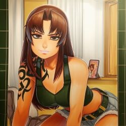2025 ai_generated artist_name black_lagoon breasts brown_eyes brown_hair cleavage crazyfishbones female large_breasts long_hair midriff revy shorts solo