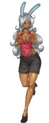 animal_ears bare_shoulders black_background black_footwear breasts brown_eyes cg cleavage collarbone dark-skinned_female dark_skin female full_body grey_hair hentai_heroes high_heels kinkoid large_breasts long_hair looking_at_viewer official_art parody pencil_skirt rabbi_(hentai_heroes) rabbit_ears shoes shorts simple_background skirt solo standing tail thighs transparent_background white_hair