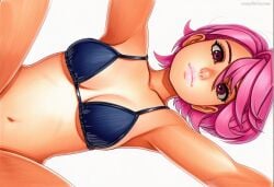 2025 ai_generated artist_name bra breasts crazyfishbones female looking_at_viewer lying navel pink_hair short_hair solo underwear