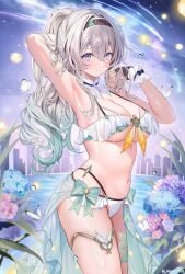 alternate_costume alternate_hairstyle arm_behind_head arm_up armpits bare_shoulders bikini black_bridal_gauntlets black_hairband blue_eyes breasts bridal_gauntlets cleavage closed_mouth collar cowboy_shot detached_collar female firefly_(honkai:_star_rail) frilled_collar frilled_wrist_cuffs frills from_side gradient_hair green_hair grey_hair hair_between_eyes hairband hand_up highres honkai:_star_rail honkai_(series) large_breasts light_blush long_hair looking_at_viewer machi_(machi0910) multicolored_eyes multicolored_hair navel paid_reward_available ponytail presenting_armpit purple_eyes smile solo stomach swimsuit thighs twitter_username two-tone_eyes underboob white_bikini white_collar white_wrist_cuffs wrist_cuffs