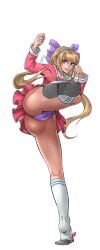 anfisa_(hentai_heroes) ass black_background blonde_hair bow cameltoe cg female full_body hairband hairbow hentai_heroes kicking kinkoid kneehighs long_hair long_sleeves looking_at_viewer official_art panties pantyshot parody pink_shirt pleated_skirt purple_eyes purple_panties school_uniform serafuku shirt simple_background skirt smile socks solo standing standing_on_one_leg twintails underwear upskirt white_socks