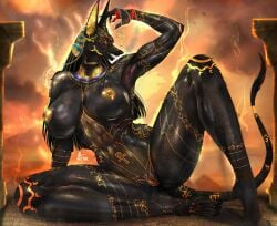 abs anthro anubian_jackal anubis armpit_fetish big_breasts black_body black_fur breasts canid canine canis deity digitigrade egyptian egyptian_mythology female fur gold_(metal) gold_jewelry hi_res jackal jewelry looking_at_viewer mammal middle_eastern_mythology muscular muscular_anthro muscular_female mythology netxart smile solo spread_legs spreading thick_thighs