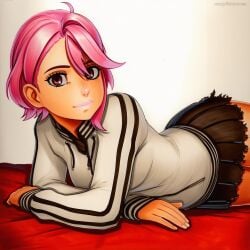 2025 ai_generated artist_name crazyfishbones female long_sleeves looking_at_viewer lying on_stomach pink_eyes pink_hair short_hair skirt solo