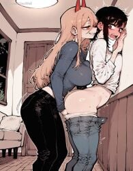 1girls 2girls a1exwell ai_generated ass blush clothed embarrassed female female/female female_only femdom fingering fingering_from_behind fingering_partner fingering_pussy fingering_under_clothes hand_under_panties higashiyama_kobeni masturbation masturbation_onto_another motion_lines multiple_girls naughty_face orgasm_face panties_down power_(chainsaw_man) sesbian_lex sharp_teeth shy smirk stable_diffusion yuri