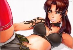 2025 ai_generated artist_name black_lagoon bra breasts crazyfishbones female long_hair lying navel panties ponytail revy solo underwear