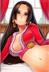 2025 ai_generated artist_name black_hair blue_eyes boa_hancock breasts cleavage crazyfishbones female jewelry large_breasts long_hair navel solo