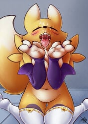 2019 absurd_res after_sex anthro belly blush bodily_fluids canid canine closed_eyes clothed clothing cum cum_in_mouth cum_inside cum_on_face digimon digimon_(species) drooling female fur genital_fluids hi_res legwear mammal navel open_mouth renamon saliva slightly_chubby solo sruto thick_thighs tongue tongue_out yellow_fur