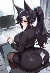 1girls ass_cleavage ass_focus ass_visible_through_thighs big_ass big_breasts black_hair female female female_focus fox fox_ears fox_girl giselle_(project_qt) looking_back messy messy_hair office office_clothing office_lady ponytail project_qt red_eyes red_hair sitting skindentation table two_tone_hair