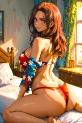 1girls ai_generated anime anime_girl ass_focus back_view backboob beautiful beautiful_females bed blush brown_hair_female busty cana_alberona curtains curvy_figure day fairy_tail fantasy female_focus floral_print floral_print_bra inviting lingerie looking_back panties pillow pleasure seductive seductive_smile sexy shonen_jump sitting sitting_on_bed stable_diffusion sunlight thick_thighs toongenai voluptuous_female window