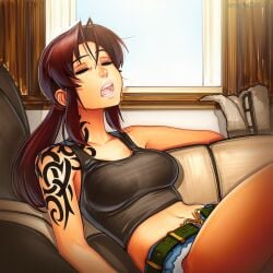 2025 ai_generated artist_name black_lagoon breasts brown_hair closed_eyes crazyfishbones female long_hair midriff navel revy shorts smile solo