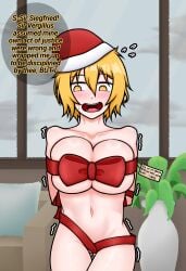 1boy 1girl1boy 1girls big_breasts blonde_female blonde_hair blush blushing_female bondage breasts censored dialogue don_quixote_(limbus_company) embarrassed english_text female gift gift_wrapping kreky large_breasts limbus_company looking_down male mosaic_censoring motion_lines nervous nervous_smile partially_clothed project_moon ribbon ribbon_bondage ribbons siegfried_(limbus_company) standing sweat sweating text text_bubble yellow_eyes yellow_hair