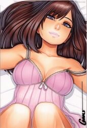 2025 ai_generated artist_name breasts brown_hair cleavage crazyfishbones elin female long_hair looking_at_viewer lying original smile solo