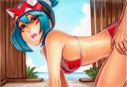 1boy 2025 ai_generated animal_ears artist_name bikini blue_hair breasts crazyfishbones day female kiriko_(overwatch) large_breasts solo swimsuit