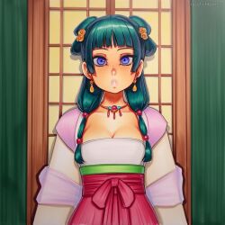2025 ai_generated artist_name blue_eyes breasts crazyfishbones earrings female hair_ornament japanese_clothes jewelry long_hair looking_at_viewer maomao_(kusuriya_no_hitorigoto) solo