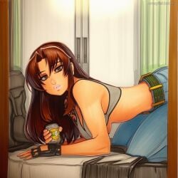 2025 ai_generated artist_name black_lagoon breasts brown_hair crazyfishbones crop_top female long_hair midriff revy shorts smile solo tank_top