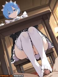 1boy 2025 ai ai_assisted ai_generated anime anime_girl anime_style artist_name bangs black_dress blue_eyes blue_hair blush chair cup detached_collar detached_sleeves dress eyes_visible_through_hair feet female footjob frills hair_between_eyes hair_ornament hair_over_one_eye hair_ribbon hi_res high_quality high_res high_resolution highres indoors long_sleeves looking_at_viewer maid maid_headdress no_panties no_shoes parted_lips patreon patreon_username penis pink_ribbon pov pussy re:zero_kara_hajimeru_isekai_seikatsu rem_(re:zero) ribbon rinkoai roswaal_mansion_maid_uniform short_hair sitting solo_focus straight table thighhighs two-footed_footjob uncensored under_the_table upskirt watermark x_hair_ornament
