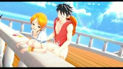 1boy 1boy1girl 1girls 3d 3d_(artwork) areolae arm_tattoo ass_grab big_breasts black_hair black_hair_male blue_sky blue_tattoo bottomless breasts cum cum_in_pussy cum_inside doggy_style east_blue_saga female male monkey_d_luffy nami_(one_piece) nipples one_piece orange_hair orange_hair_female outdoors outside pleasure_face pre-timeskip pussy sex shawshank5 ship shirt shirt_lift short_hair smile standing standing_doggy_style standing_sex straight straw_hat tattoo