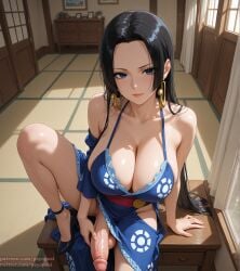 1futa ai_generated artist_name big_balls big_penis big_testicles black_hair boa_hancock clothed clothing colored digital_media_(artwork) from_above front_view futa_only futanari huge_cock legs long_hair one_piece psyopsai solo solo_focus thighs uncensored watermark