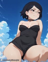 ai_generated black_eyes black_hair breasts choker cloud earrings female glasses jewelry pussy_peek sarada_uchiha short_hair sky solo